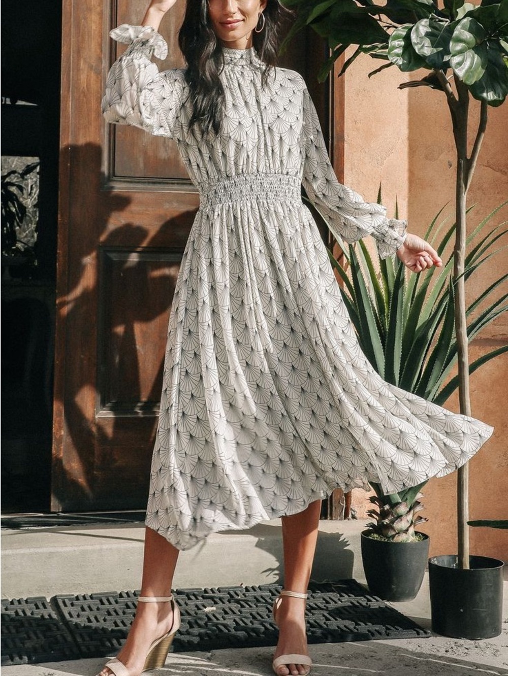 bohme Cream and Black Smocked-Waist High-Neck Midi Dress